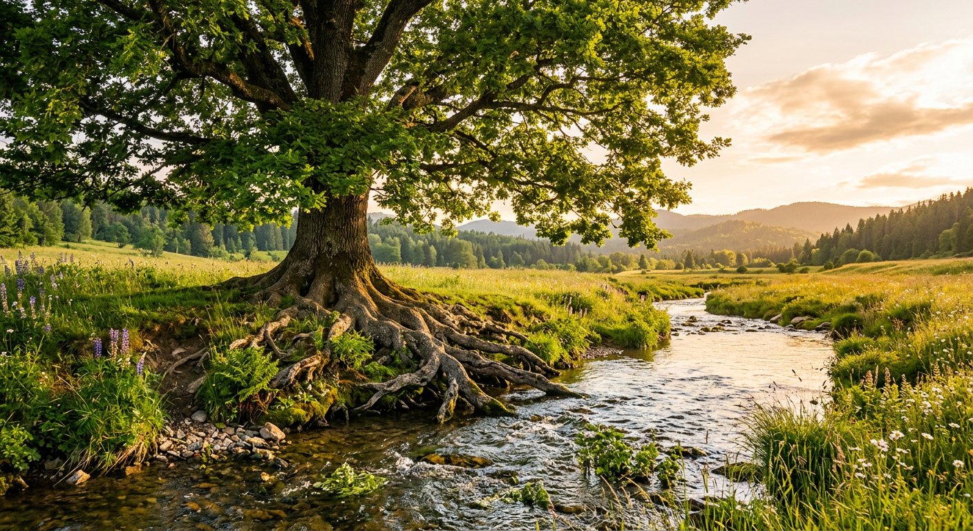Arbre au bord d'un ruisseau ensoleillé