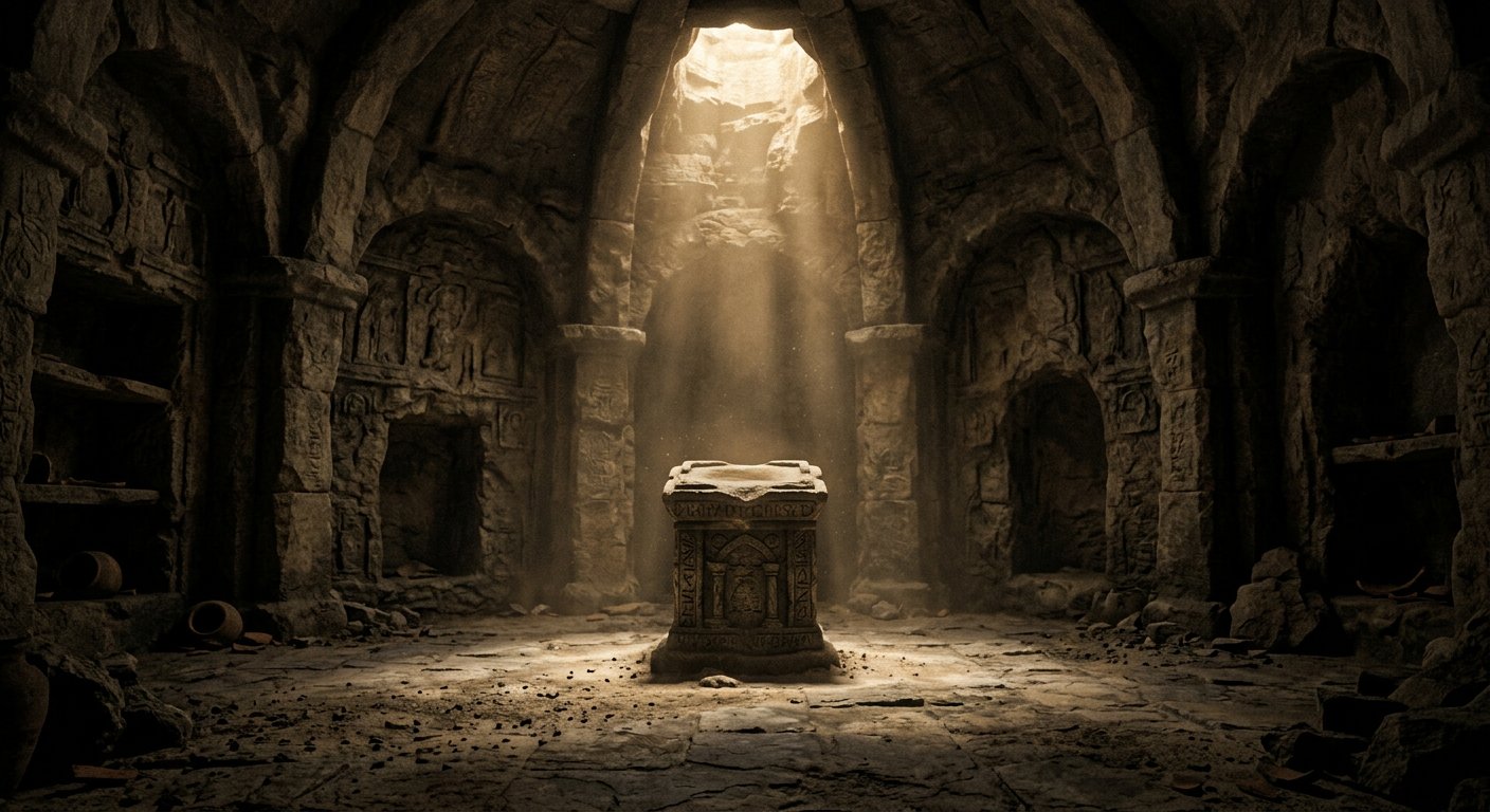 Chambre trésor souterraine vide, socle de pierre nu sous des rais de lumière poussiéreux