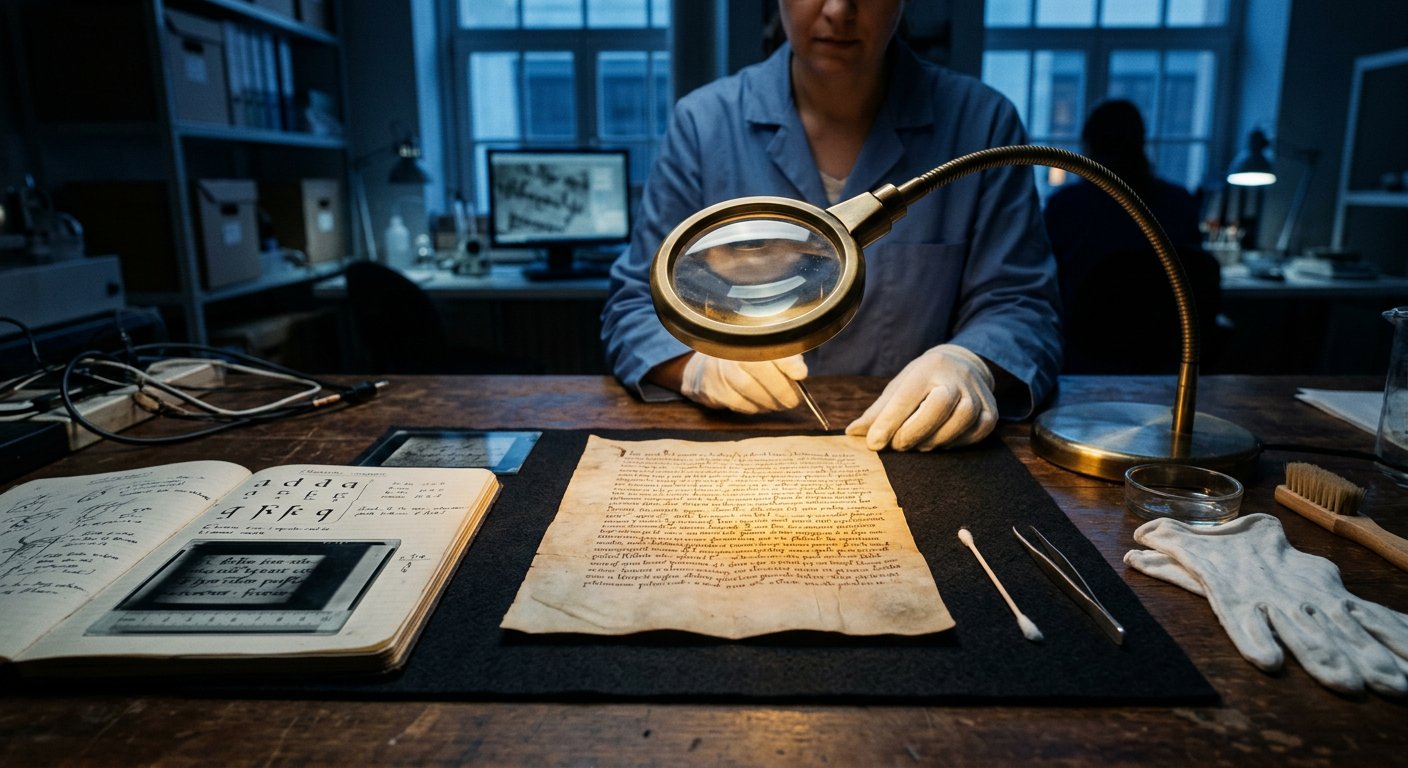 Bureau de conservateur comparant des écritures de manuscrits anciens