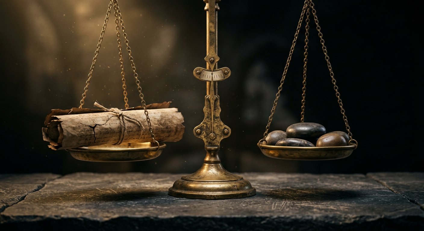 Balance de laiton avec parchemin et poids