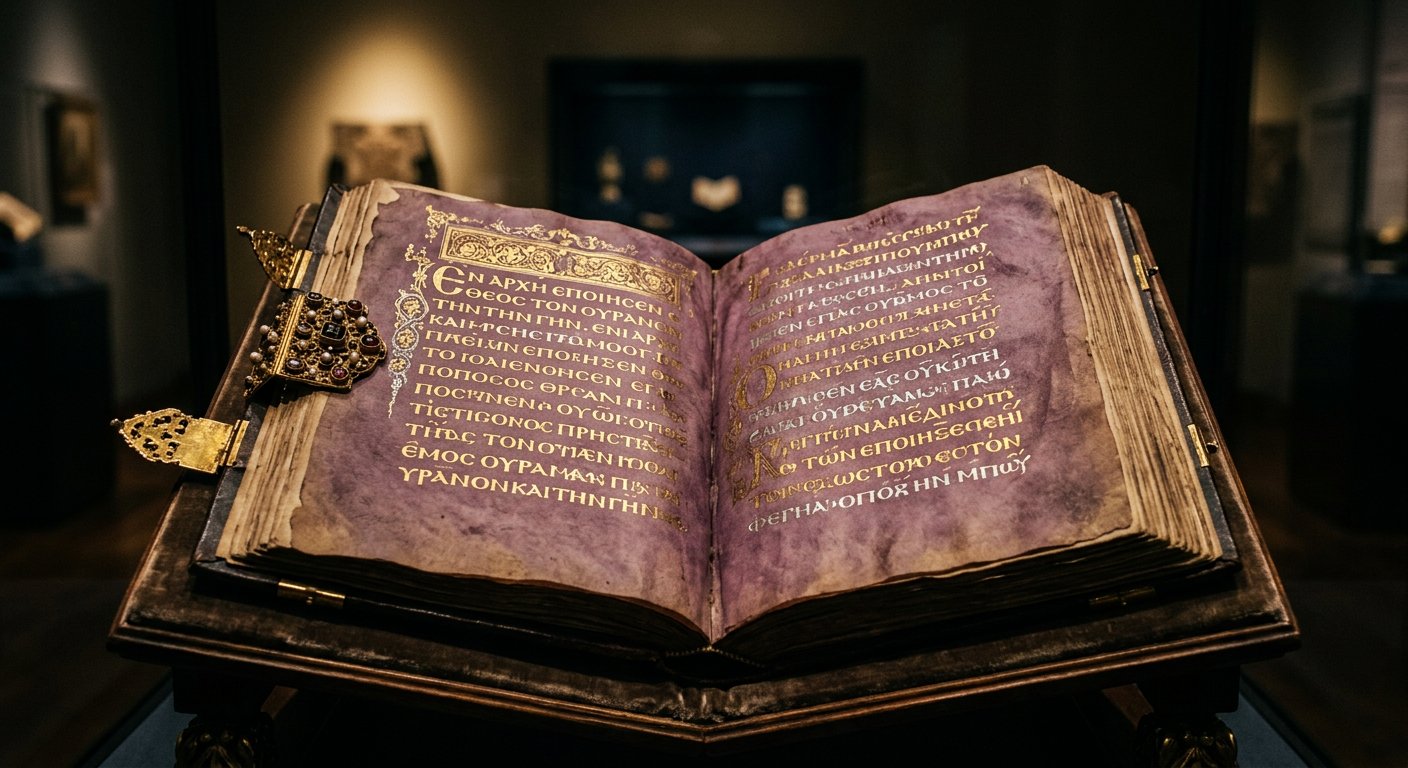 Codex ouvert sur vélin pourpre, lettres d'argent et d'or scintillantes