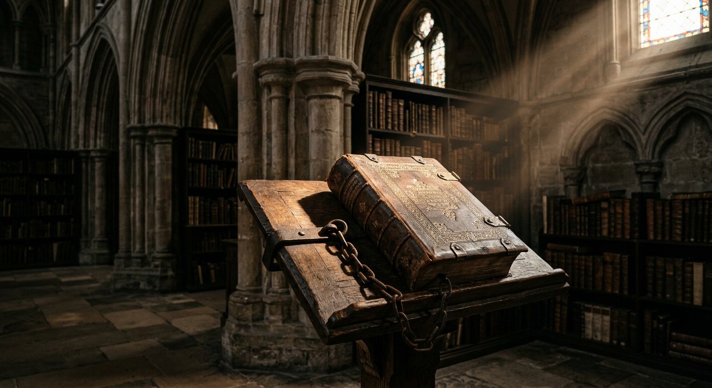 Bible médiévale enchaînée à un lutrin de cathédrale