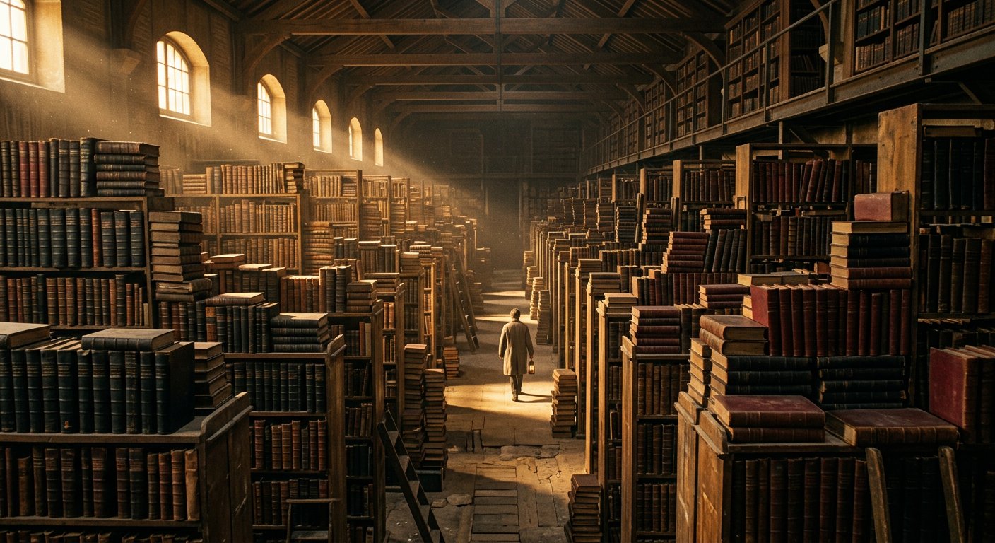 Des milliers de Bibles imprimées empilées dans une lumière dorée