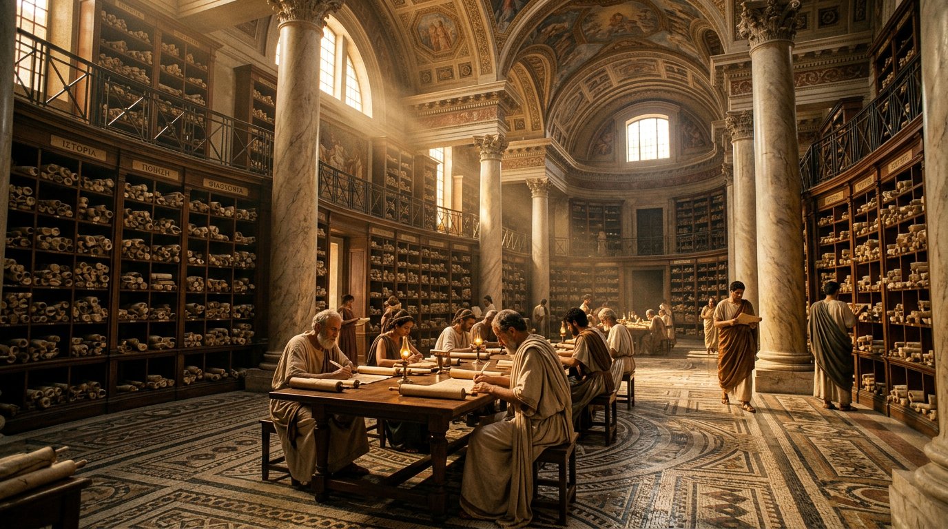 Grande bibliothèque antique avec des rouleaux de papyrus