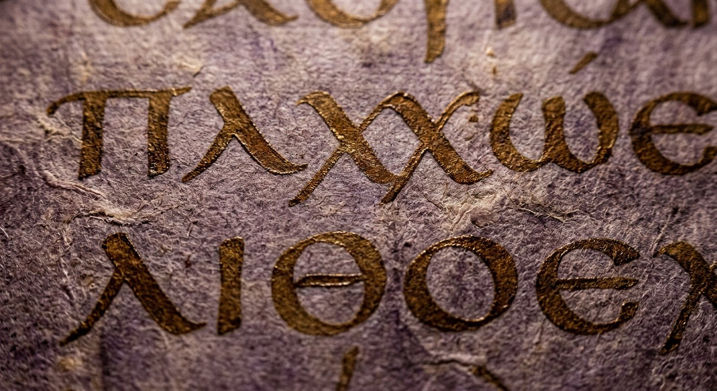 Macro d'écriture grecque onciale sur vélin teinté pourpre, encre brun-or