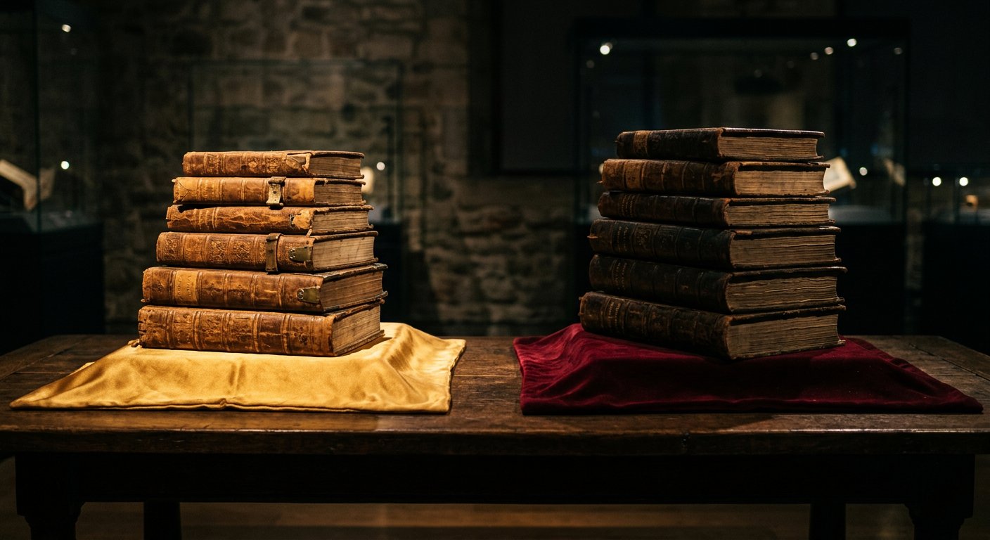 Deux ensembles de manuscrits anciens, l'un dans la lumière dorée, l'autre dans l'ombre