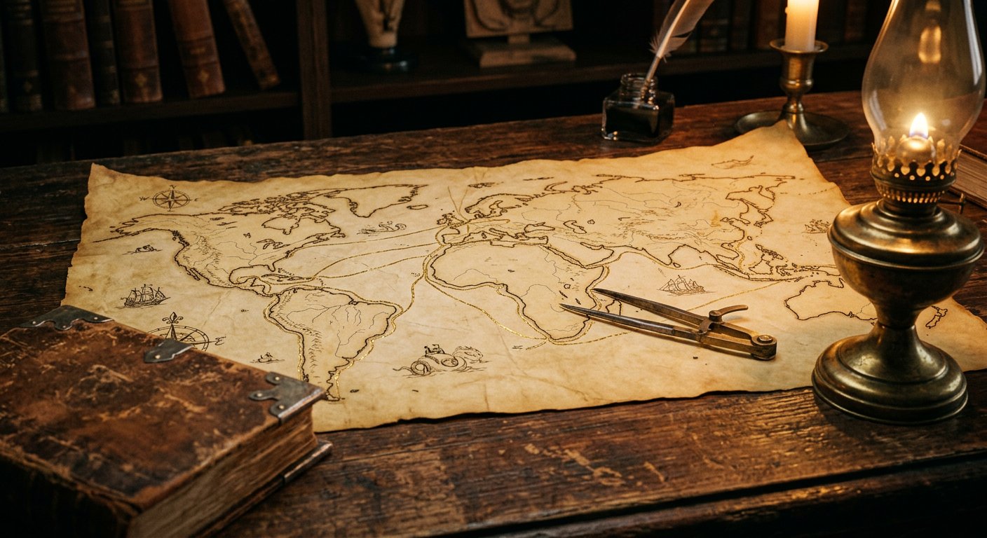 Cartes anciennes superposées sur une table de navigation, compas et règle