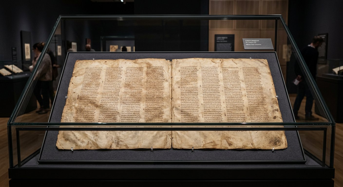 Feuillets du Codex Sinaïticus exposés dans une vitrine moderne