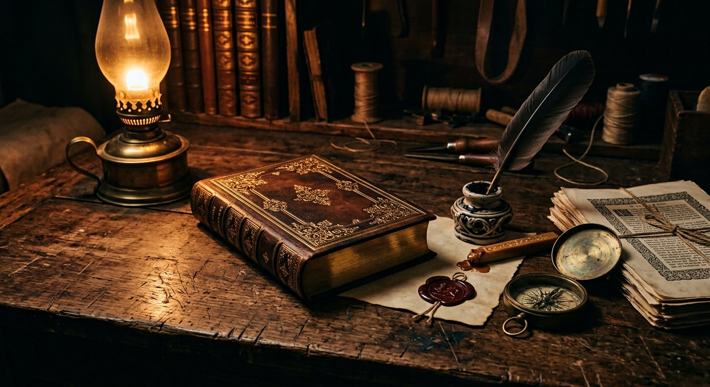 Plume d'oie et encrier sur un bureau