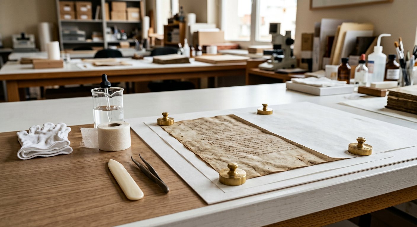 Atelier de conservation : parchemin en cours d'humidification entre les blotters, outils de restauration alignés