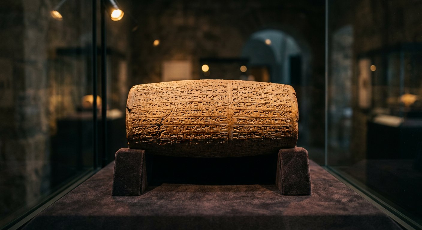 Cylindre de Cyrus en argile couvert de cunéiforme, dans sa vitrine de musée