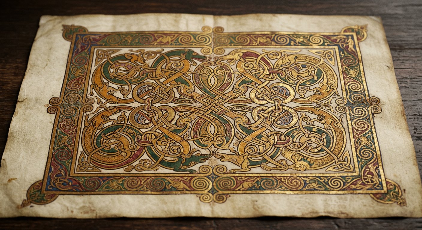 Page-tapis insulaire : entrelacs zoomorphes complexes en or, ocre, vert et pourpre sur vélin crème
