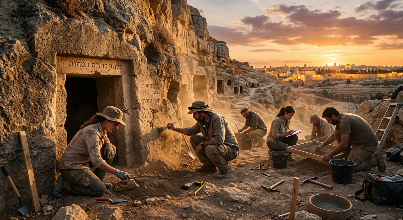 Fouilles archéologiques dans la nécropole de Ketef Hinnom au coucher du soleil