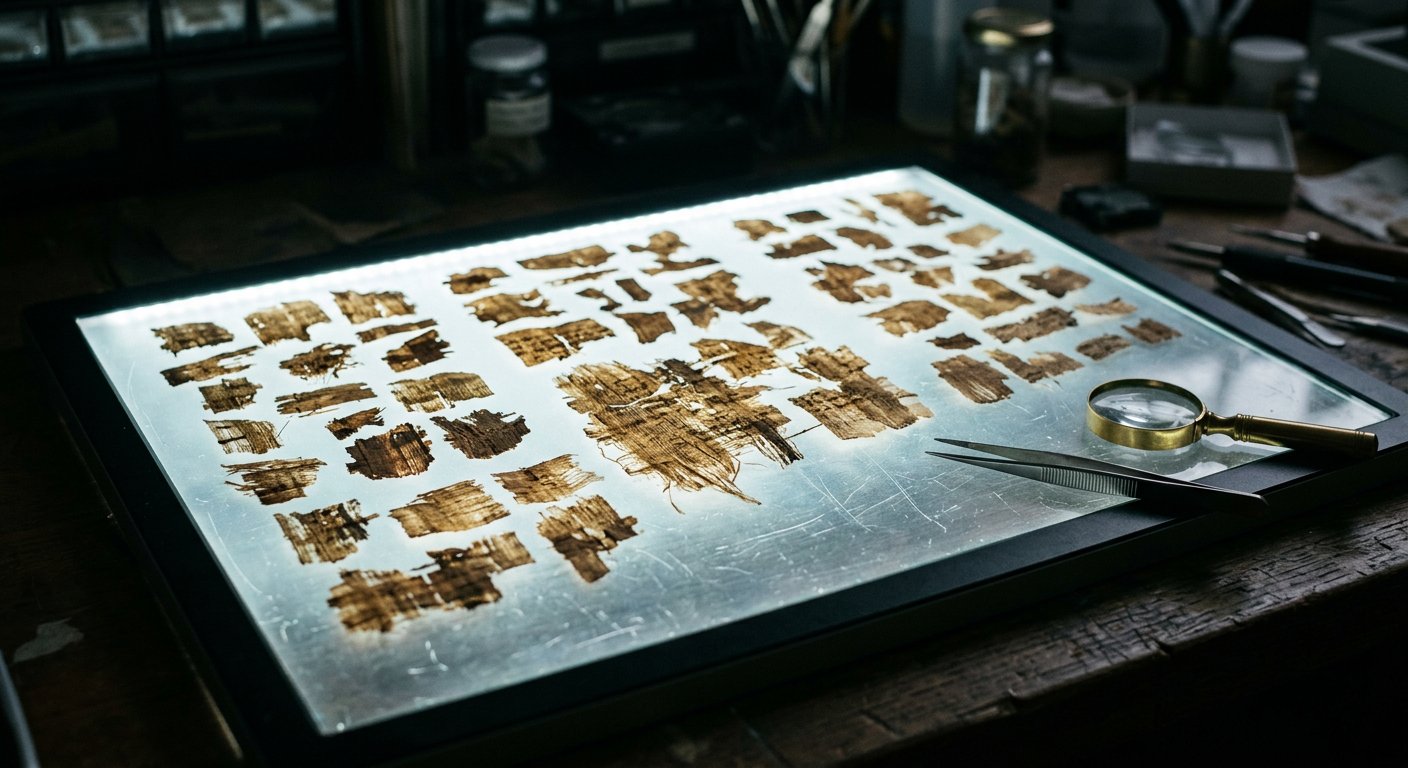 Fragments de manuscrits anciens éclairés par un faisceau de lumière
