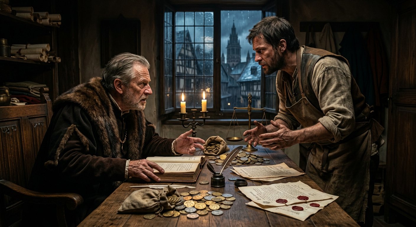 Le banquier Fust réclamant son dû à Gutenberg dans un bureau éclairé à la bougie