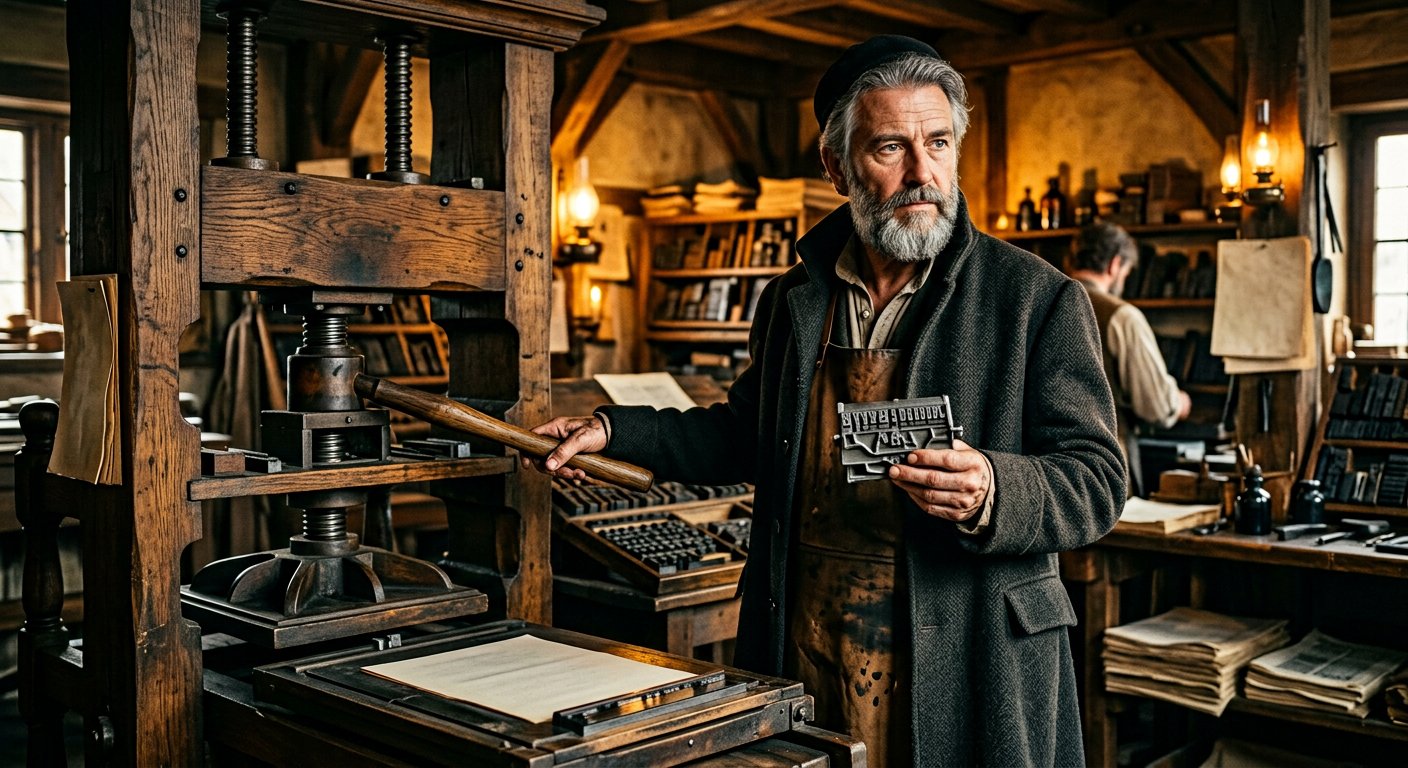 Portrait de Gutenberg dans son atelier, tenant un moule à caractères
