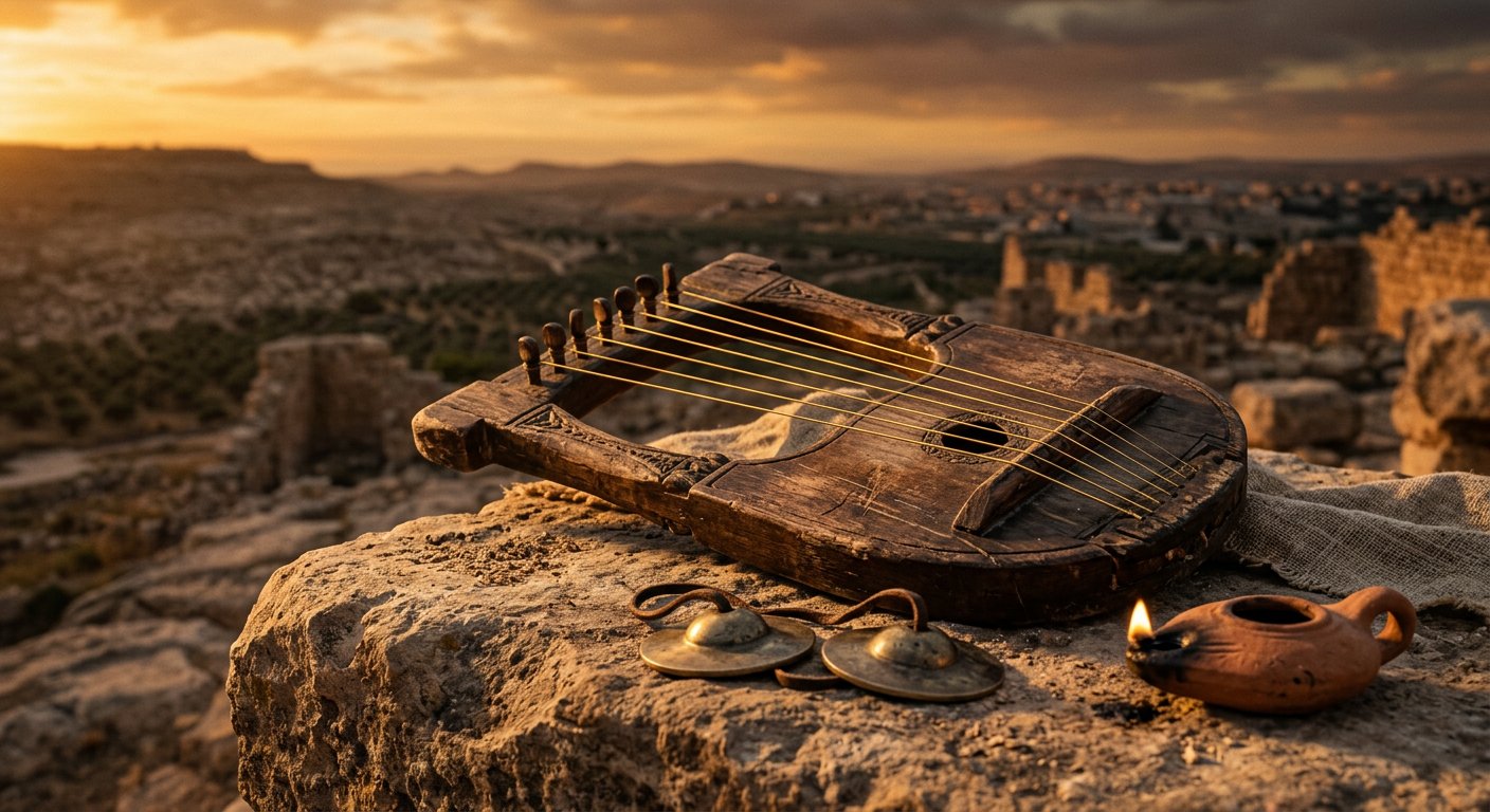 Harpe ancienne à la lumière du couchant