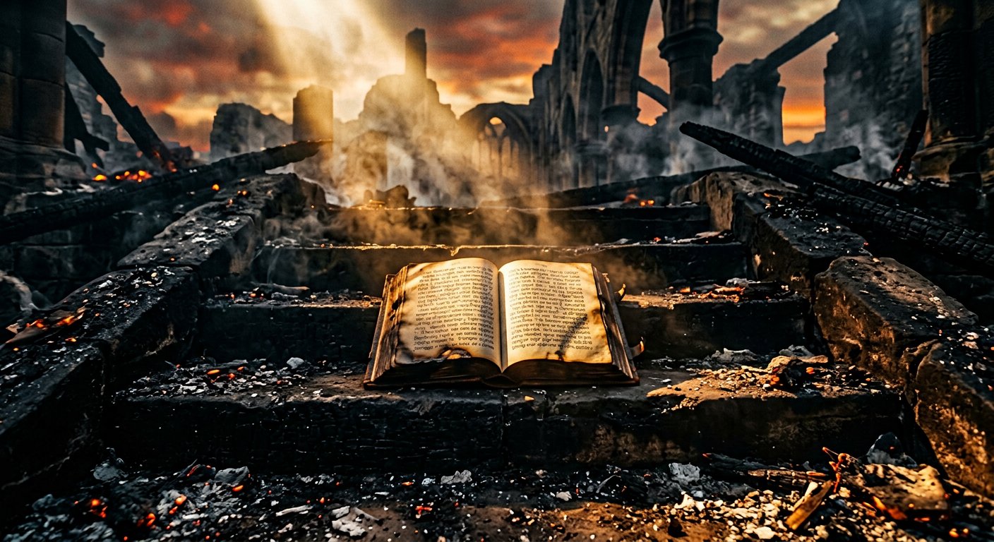 Une Bible ouverte parmi les braises, éclairée par l'aube