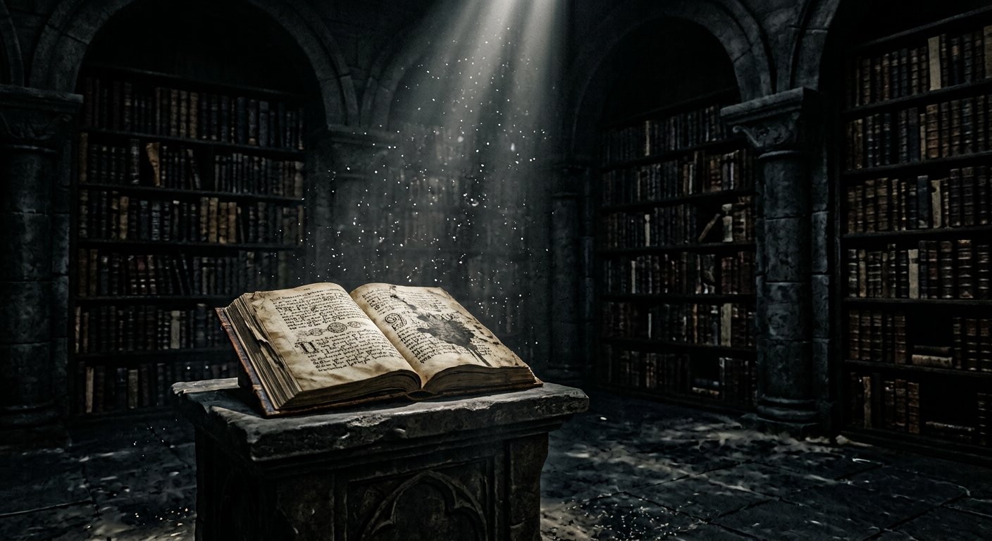 Codex ouvert dans une archive sombre