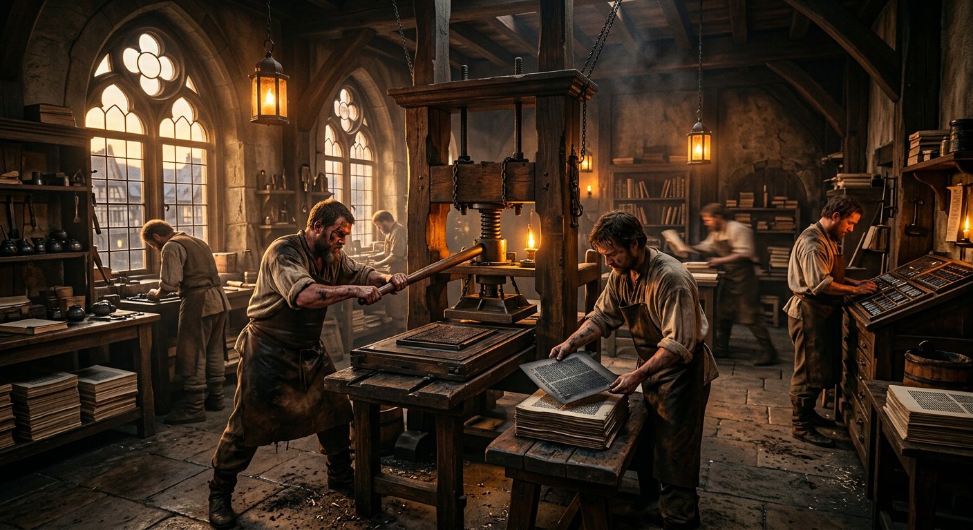 Atelier d'imprimerie de Gutenberg au XVe siècle