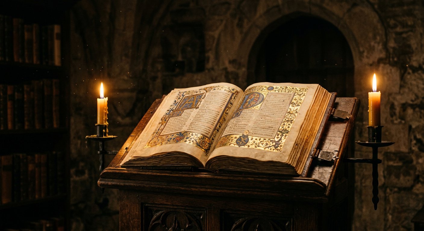 Codex enluminé doré sous les bougies