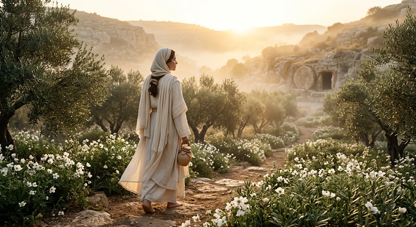 Femme en robe claire à l'aube devant l'entrée d'un tombeau dans un jardin