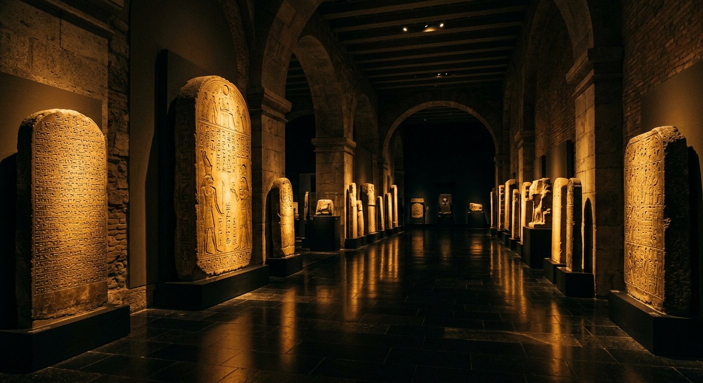 Stèles anciennes gravées d'inscriptions sous une lumière de musée