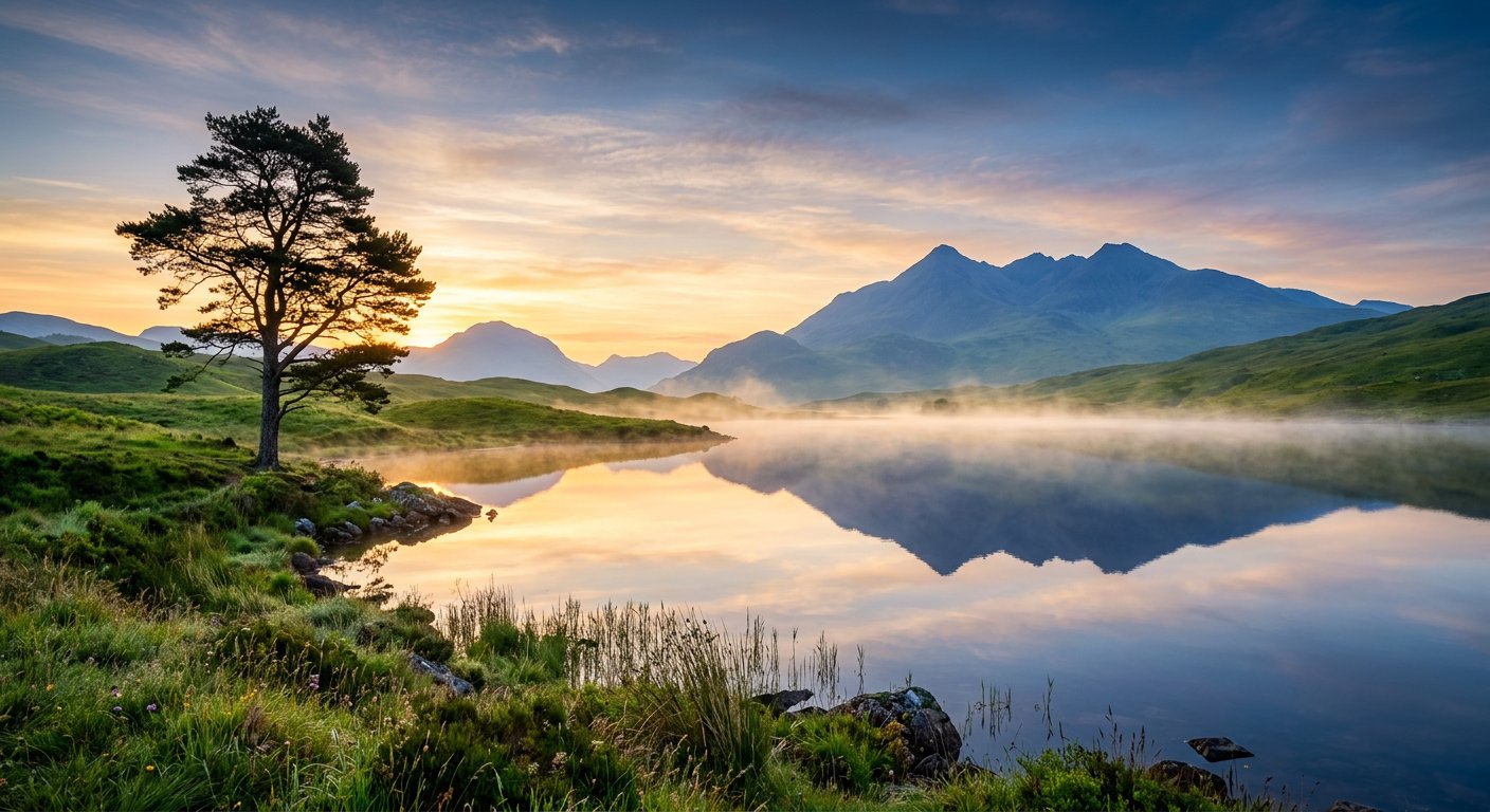 Lac miroir et montagnes à l'aube