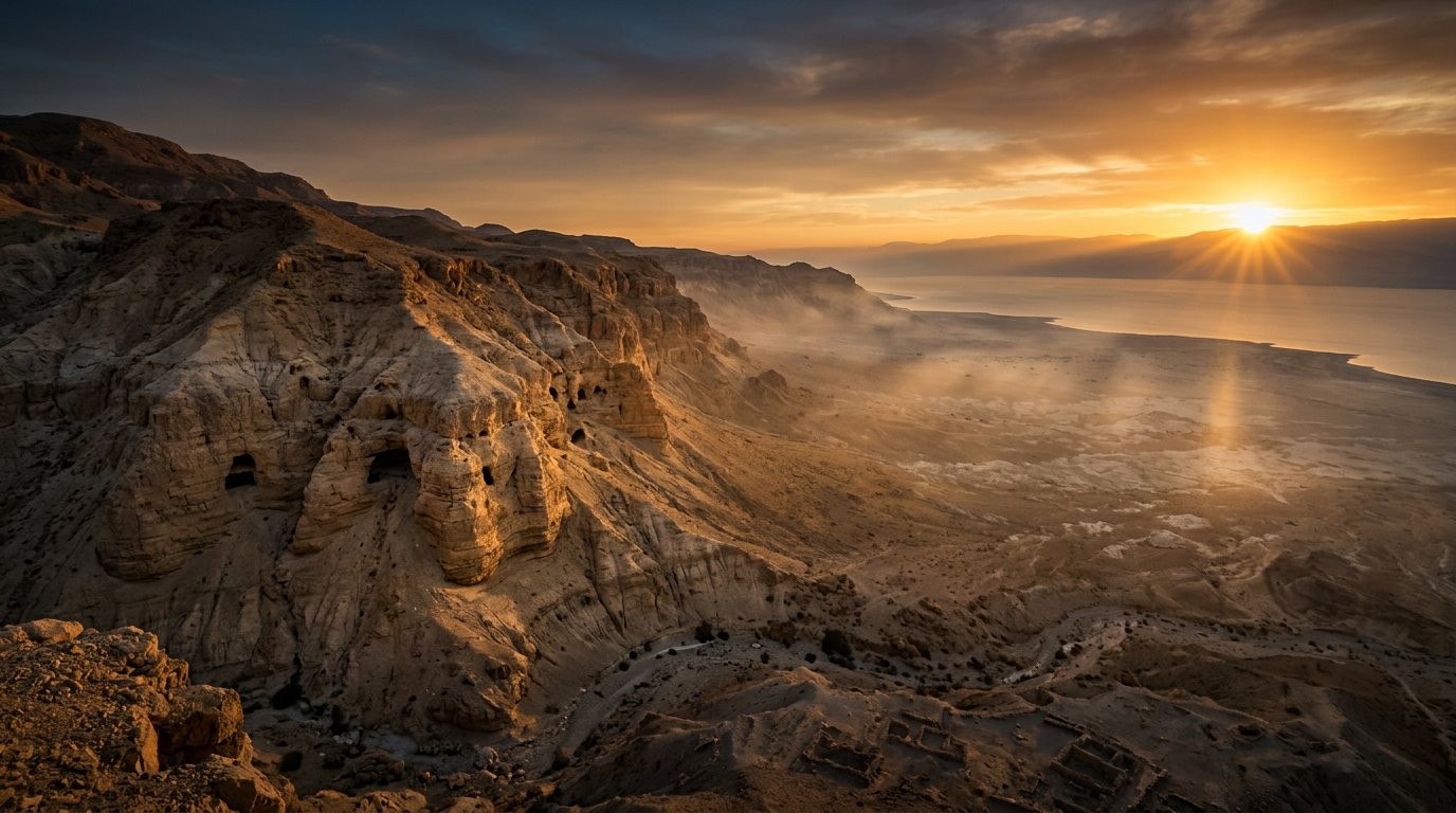 Grottes de Qumrân au lever du soleil au-dessus de la mer Morte