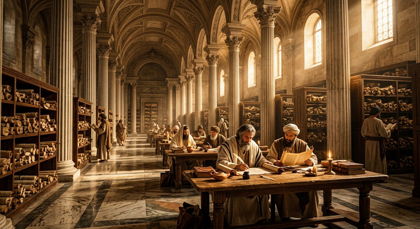 Bibliothèque antique d'Alexandrie, scribes traduisant les rouleaux