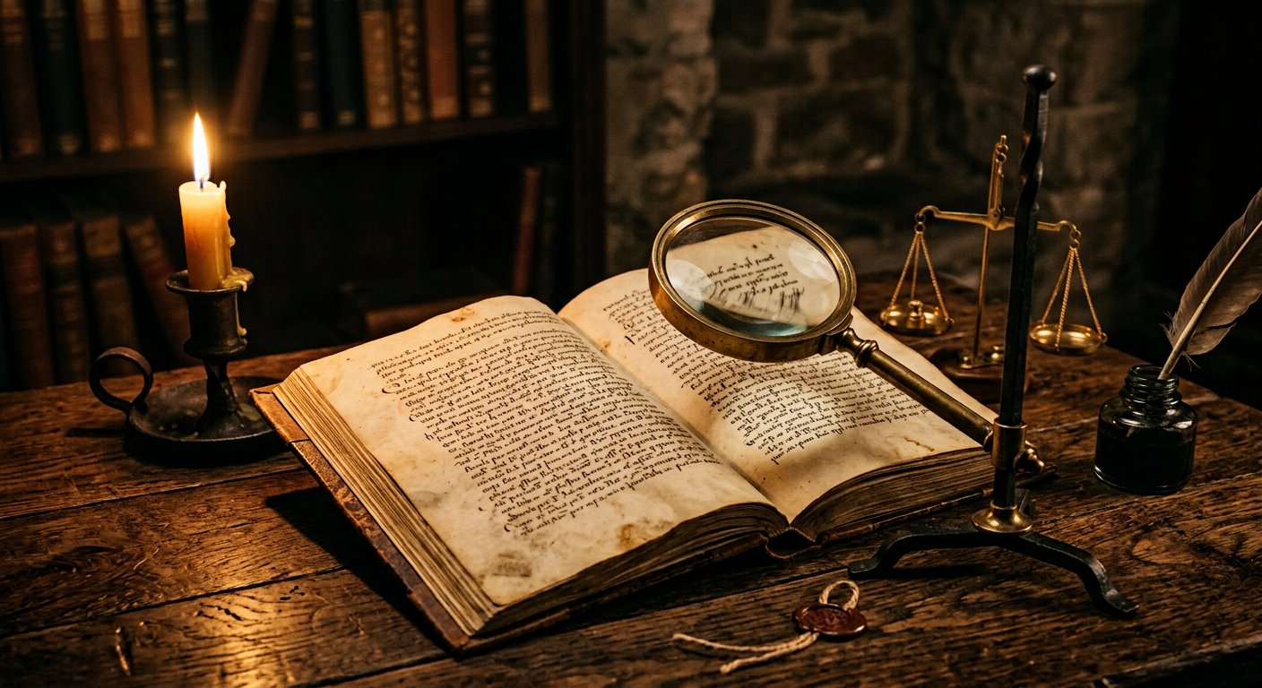 Loupe sur un manuscrit et balance de laiton
