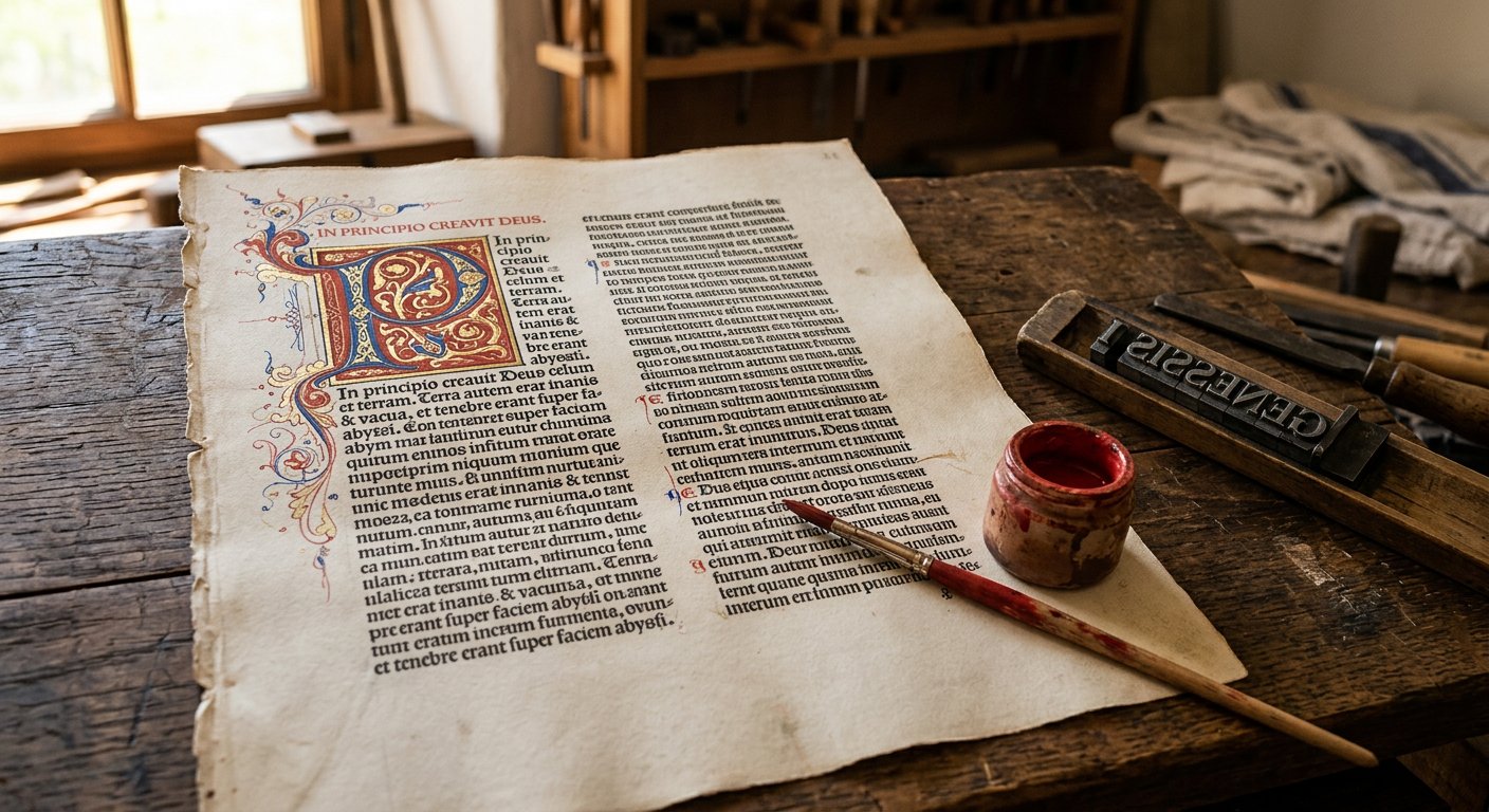 Page de Bible imprimée vers 1450 avec lettrine peinte à la main en rouge et bleu, pinceau du rubricateur posé sur la page