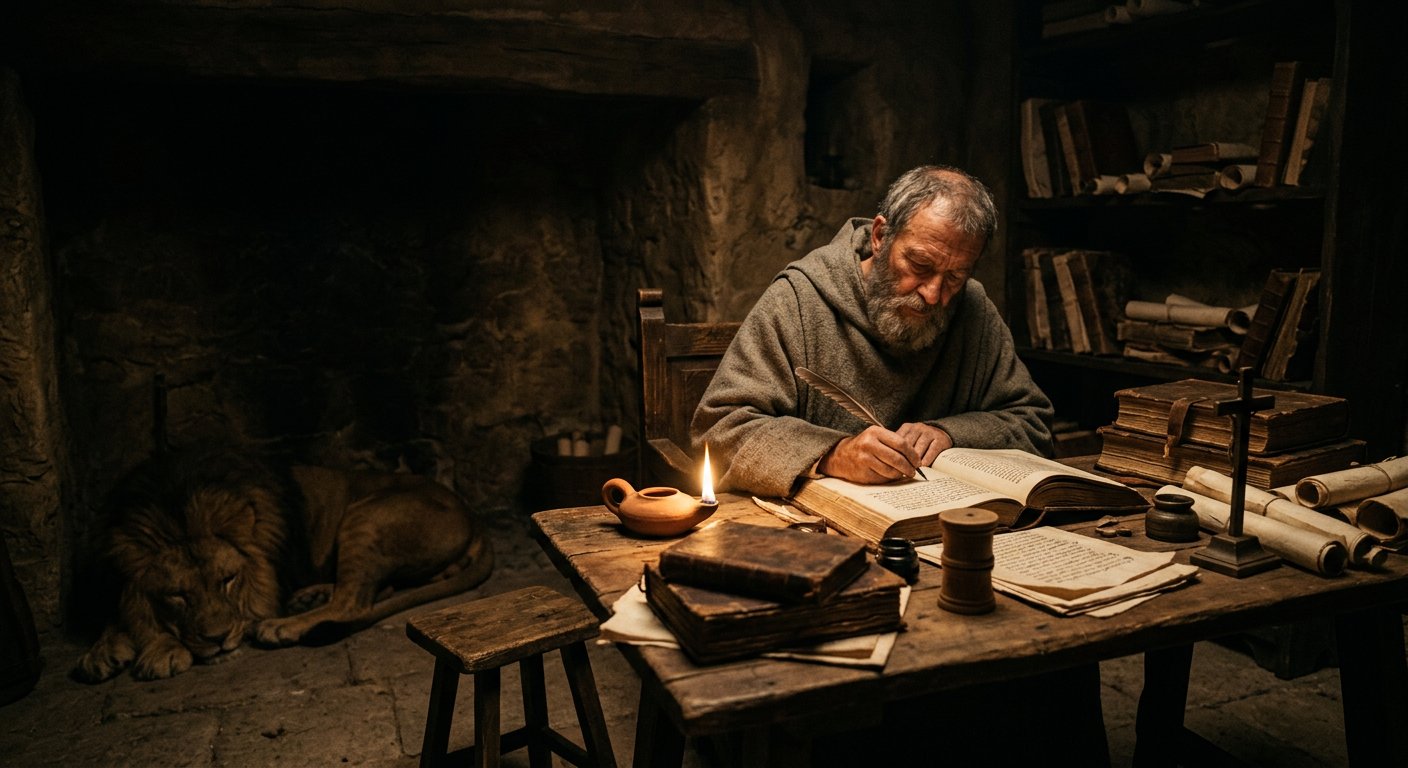 Jérôme traduisant la Bible en latin dans sa cellule de Bethléem, à la lueur d'une lampe