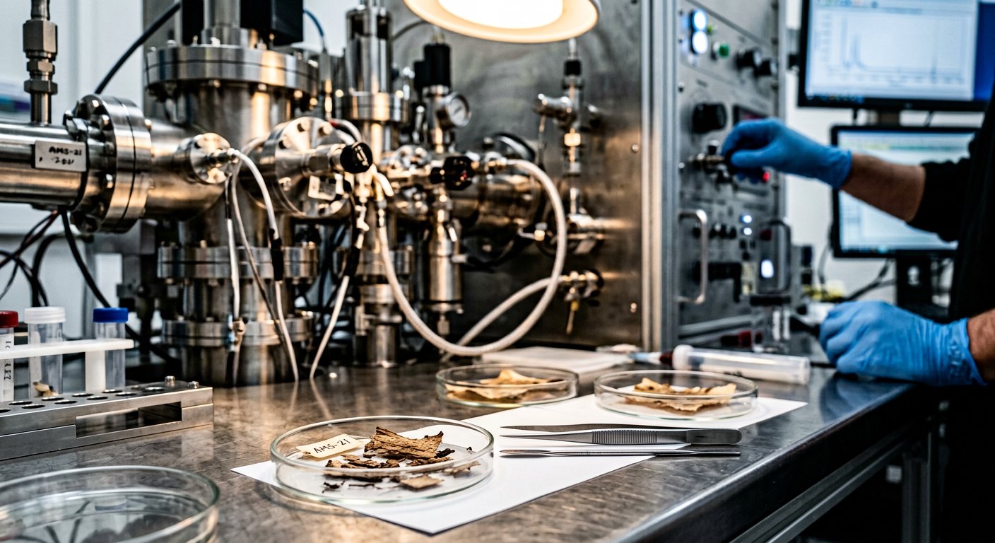 Échantillons de parchemin dans des boîtes de Petri près d'un spectromètre de masse par accélérateur