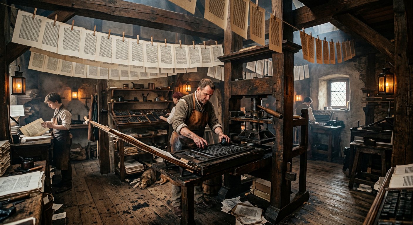 Atelier d'imprimerie du XVIe siècle imprimant la Bible allemande de Luther