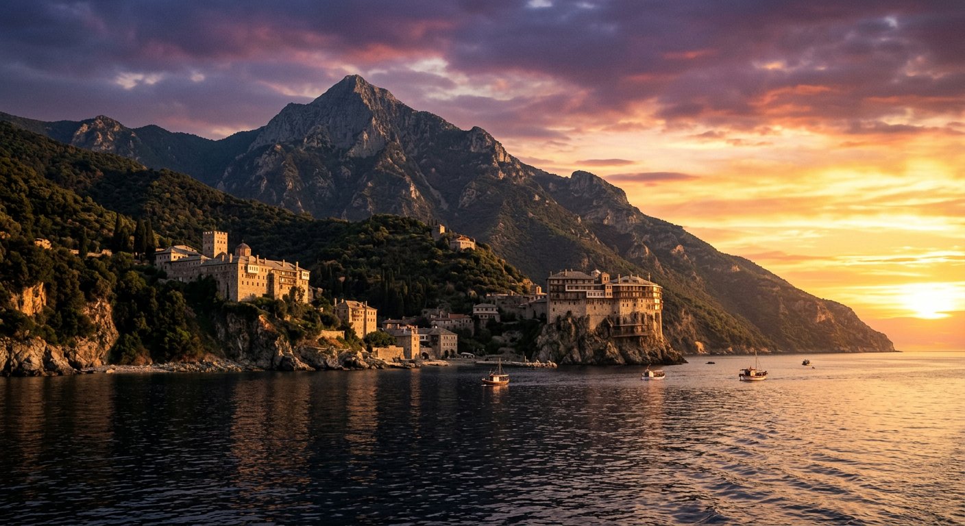 Le Mont Athos depuis la mer au coucher du soleil