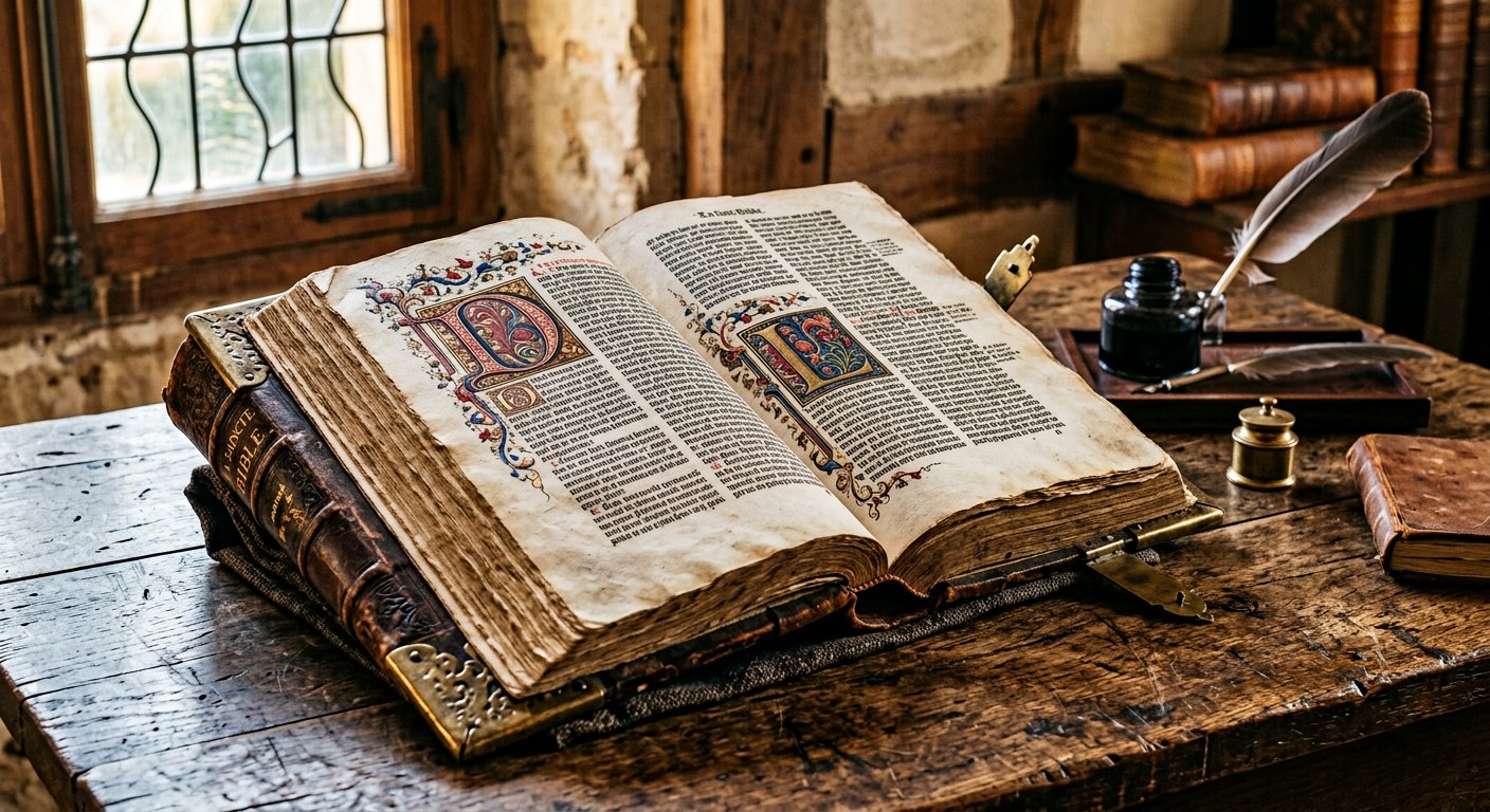 Bible française imprimée au XVIe siècle ouverte sur une table de chêne, initiales peintes à la main