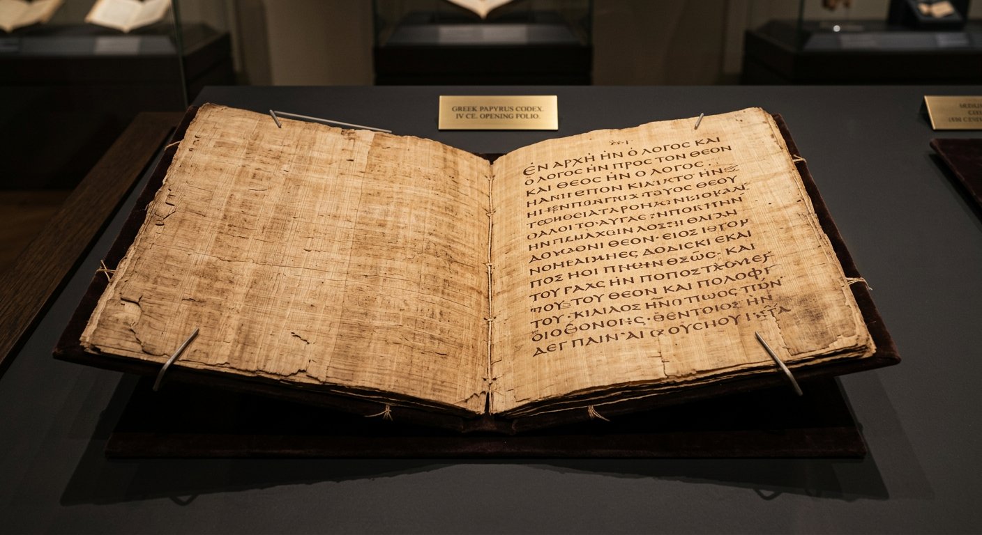 Première page du Papyrus Bodmer P66 avec les lettres grecques de l'incipit de Jean