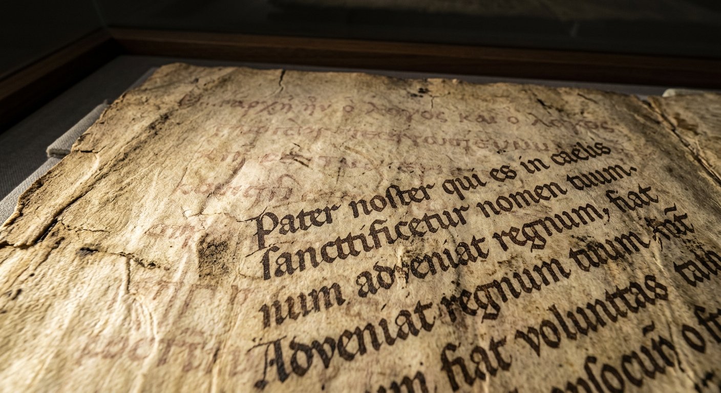 Palimpseste : écriture originale fantôme sous une seconde couche d'écriture médiévale plus sombre