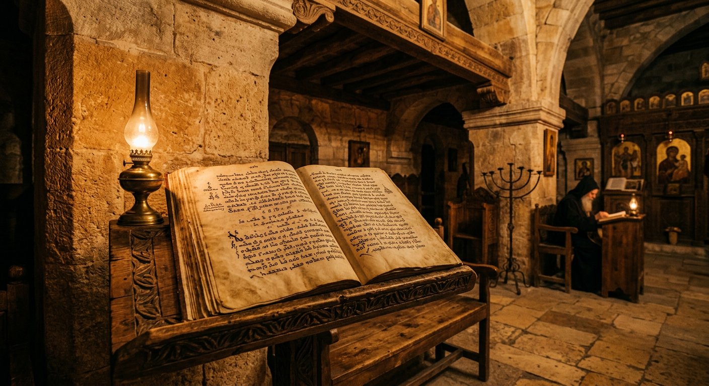Codex syriaque de la Peshitta ouvert sur un lutrin de pierre dans un monastère