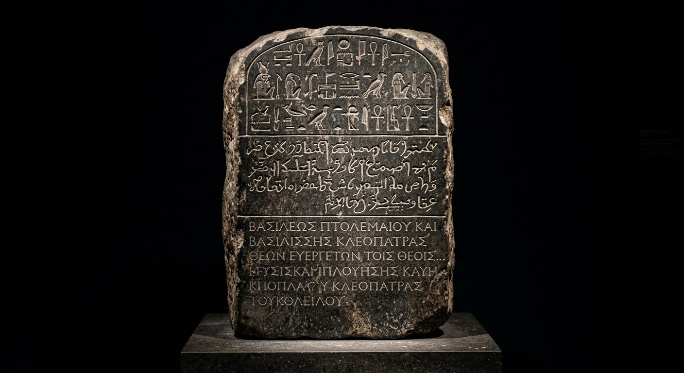Stèle de pierre sombre gravée de trois bandes d'écritures différentes