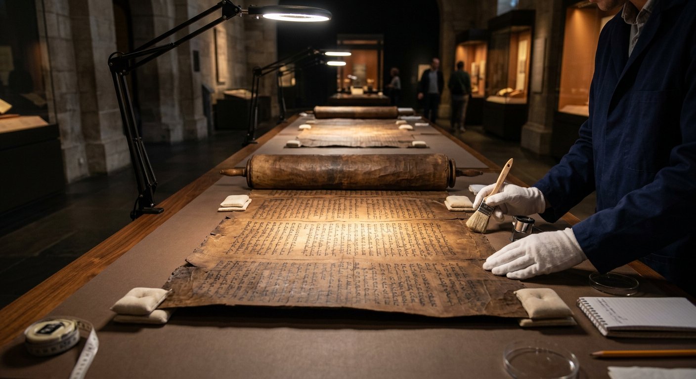 Le Grand Rouleau d'Ésaïe déroulé sur une table de conservation