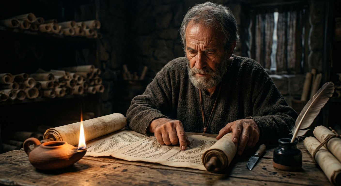 Scribe hébreu comptant les lettres d'un rouleau à la lueur d'une lampe à huile