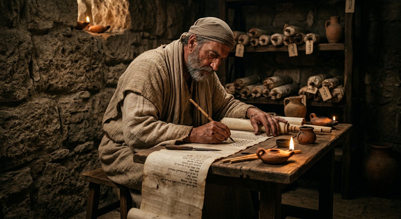 Scribe hébreu écrivant un rouleau à la lueur d'une lampe à huile