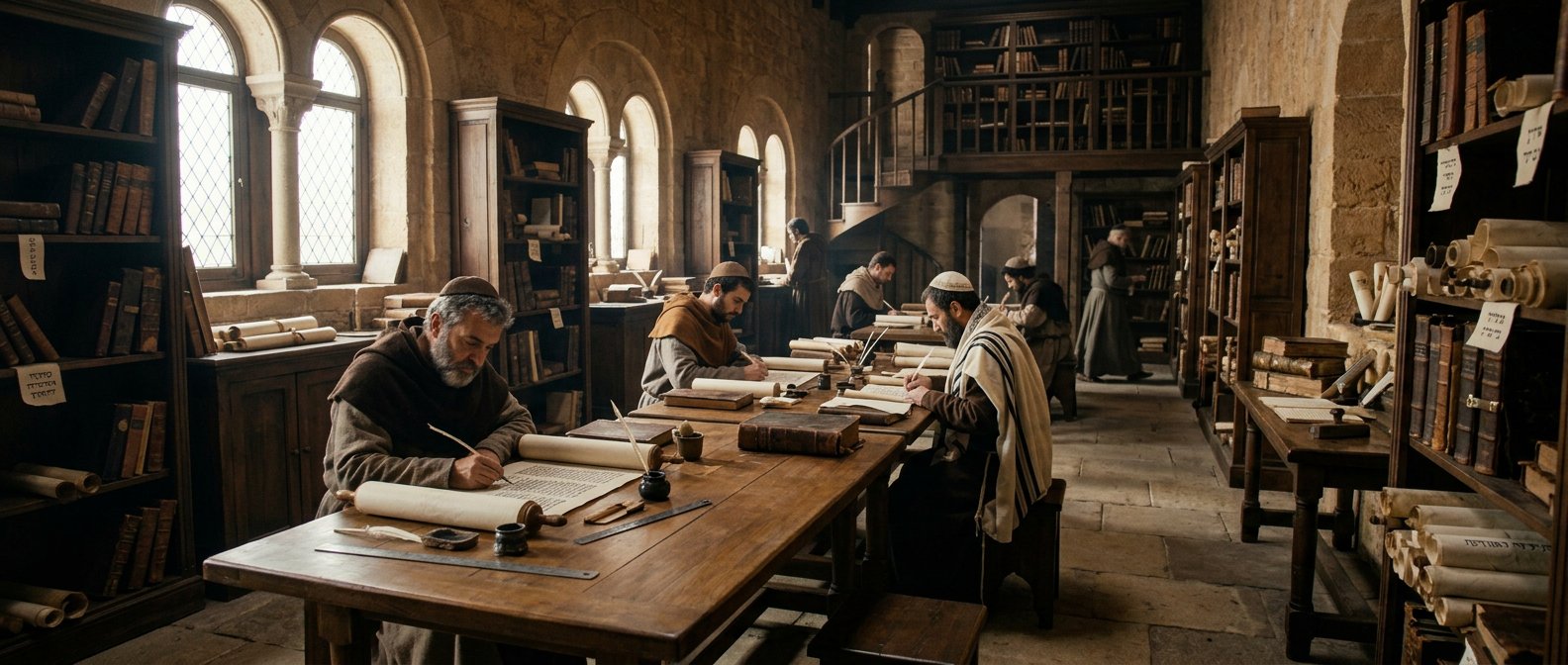 Scriptorium hébreu médiéval, vue panoramique avec rouleaux et calames