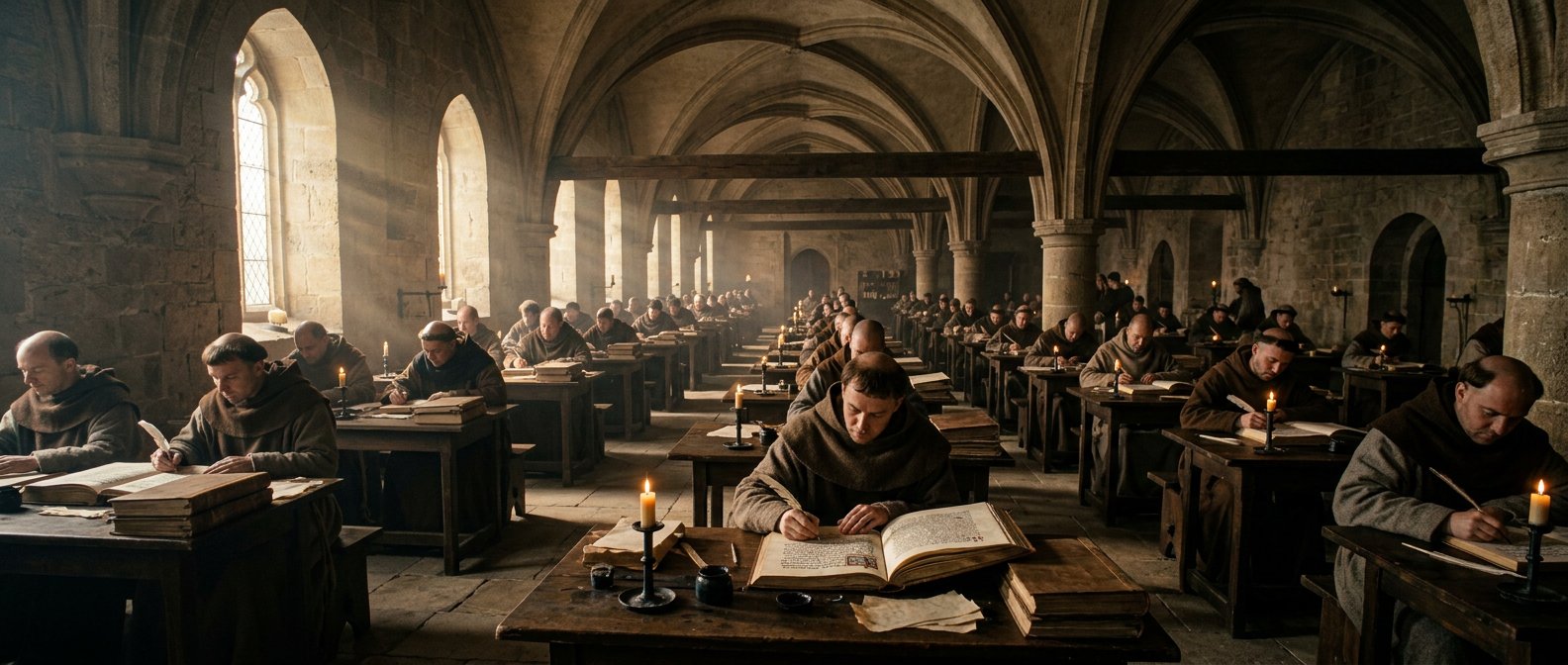 Scriptorium de monastère médiéval avec des moines copistes