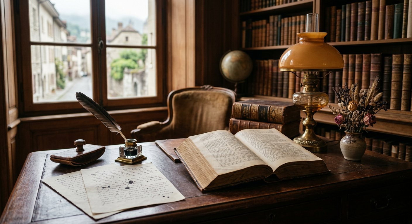 Bible française ouverte sur un bureau du XIXe siècle, à la lumière d'une lampe
