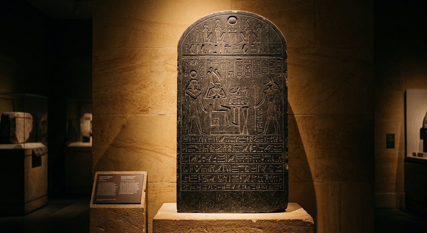 Stèle de Mérenptah gravée de hiéroglyphes, présentée au musée