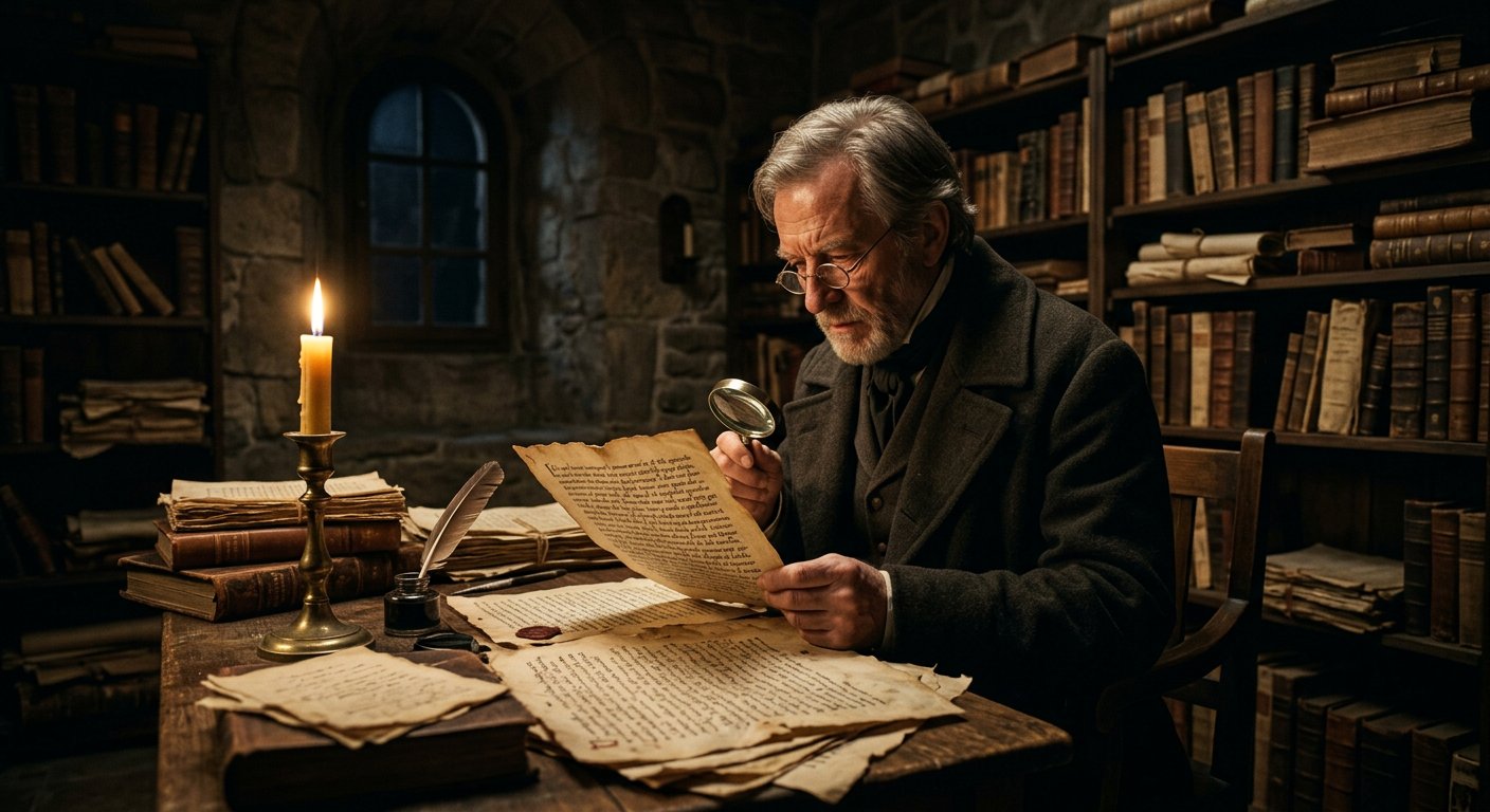 Tischendorf examinant des pages anciennes au monastère Sainte-Catherine