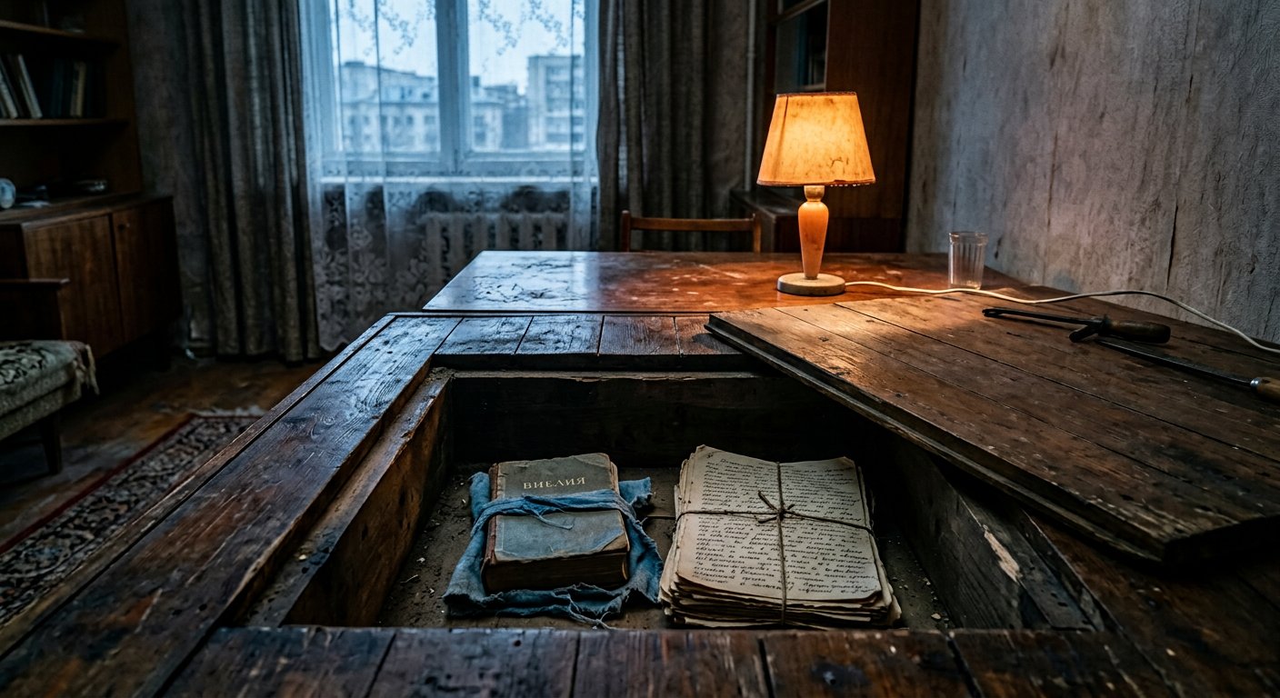Bible cachée sous un parquet avec des pages samizdat, dans un appartement soviétique